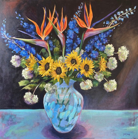 Birds of Paradise with Hydrangeas, Delphiniums and Sunflowers
